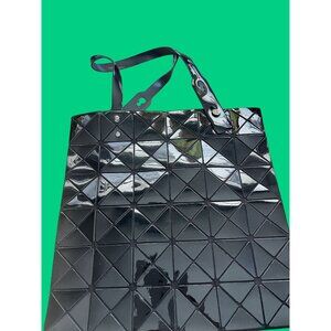 Issey Miyake Style Black Geometric Tote Bag With Glossy Finish & Adjustable Hand